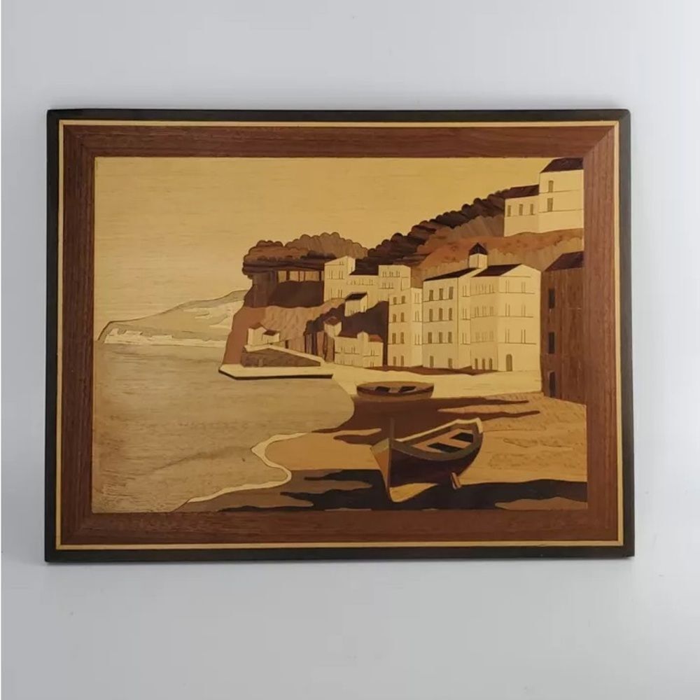 VTG, Wooden Hand Marquetry Art Of Italian Seaside Village Beach Boat 12x8 1/2